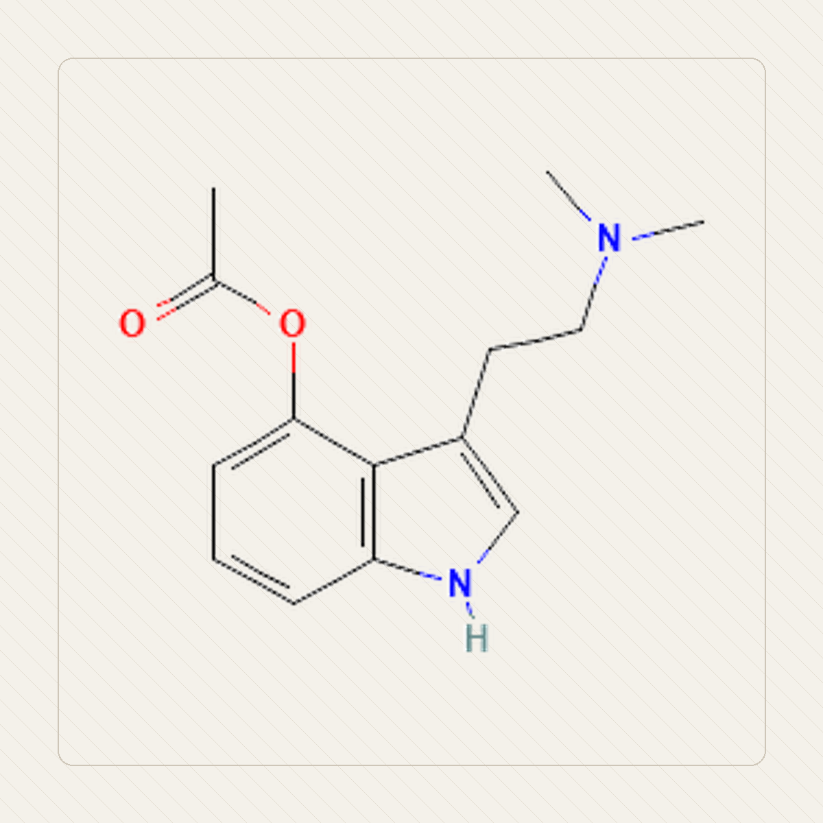 4-AcO-DMT O-acetylo-psylocyna, mokomoji molekulinės struktūros iliustracija
