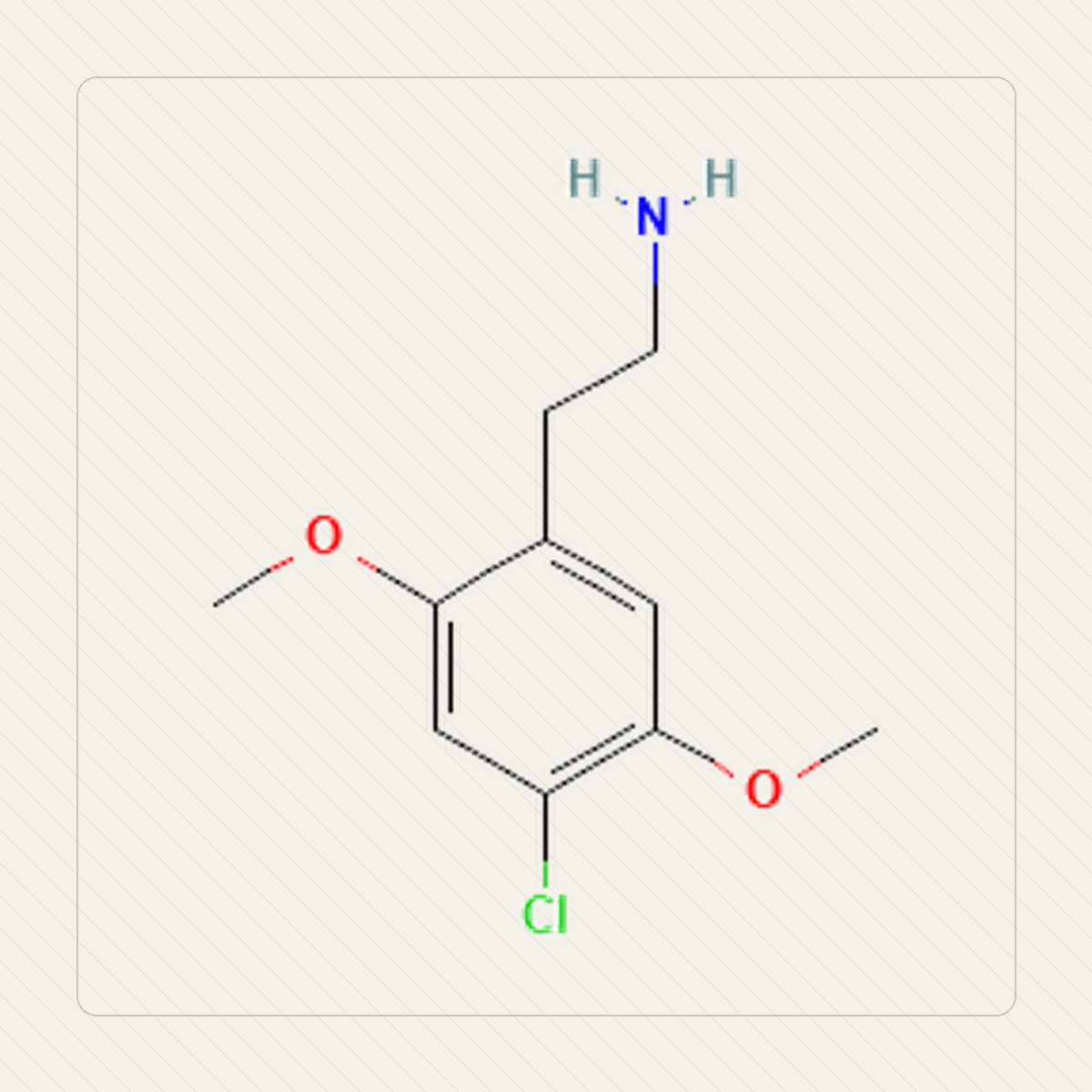 2C-C 2,5-dimetoksy-4-chlorofenetyloamina, mokomoji molekulinės struktūros iliustracija