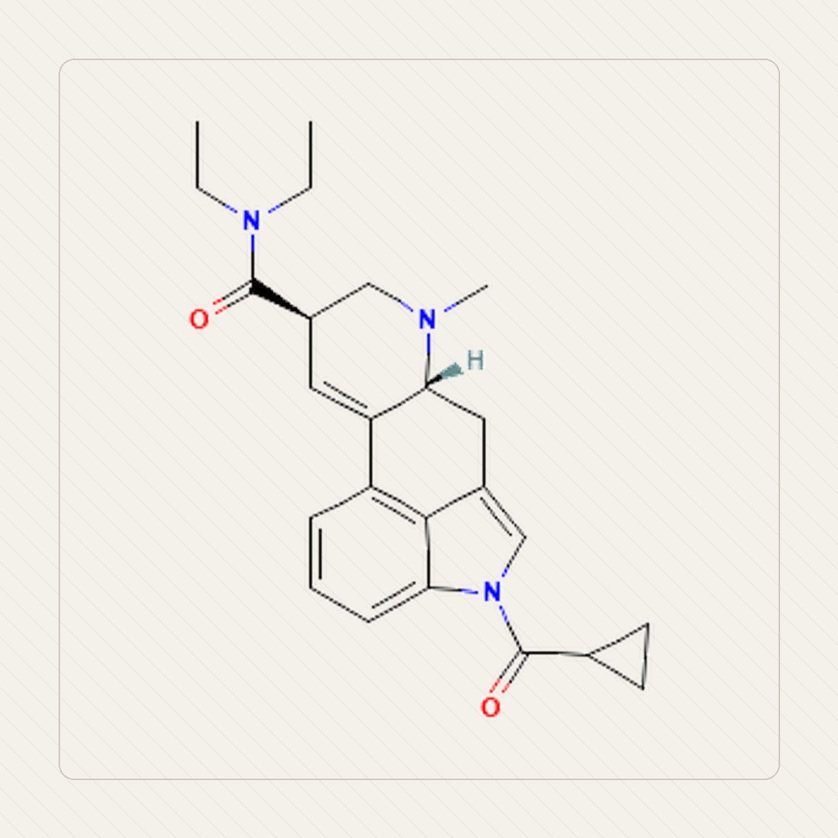 1cP-LSD 1-cyclopropionylo-LSD, mokomoji molekulinės struktūros iliustracija