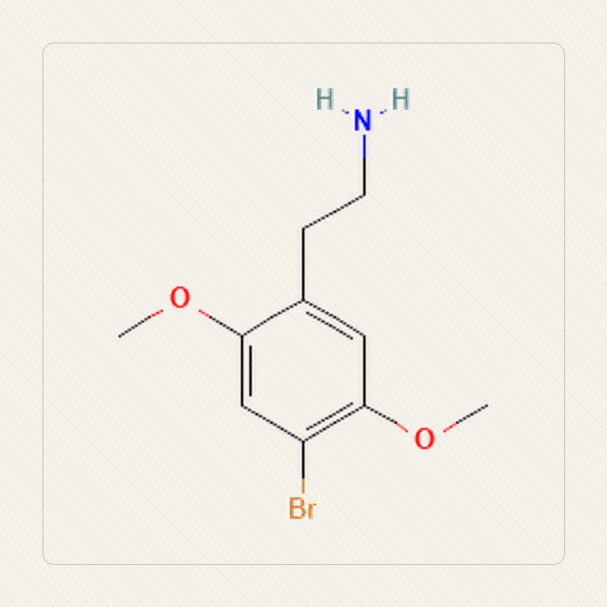2C-B 4-bromo-2,5-dimetoksyfenetyloamina, mokomoji molekulinės struktūros iliustracija